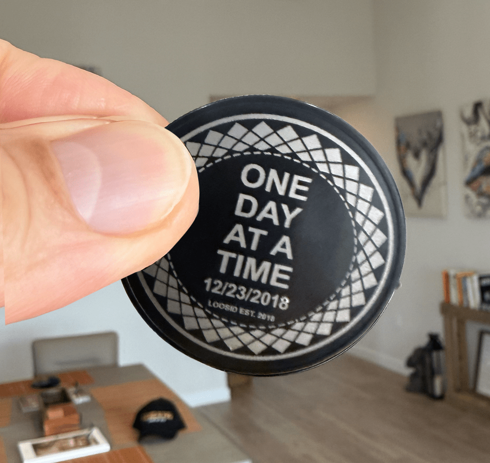 Loosid One Day At A Time Clean or Sober Year Black Sobriety Coin featuring the design
