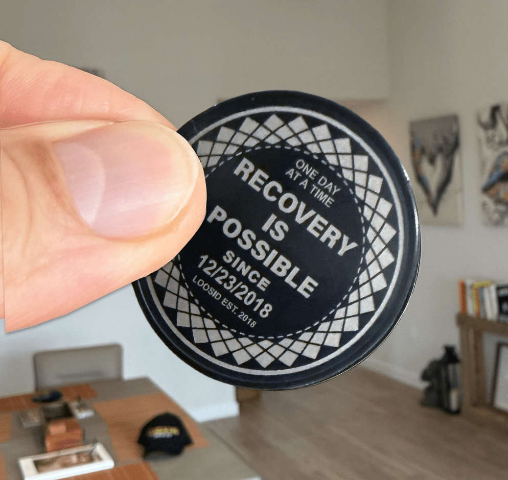 Loosid Recovery Is Possible Clean or Sober Year Black Sobriety Coin featuring the design