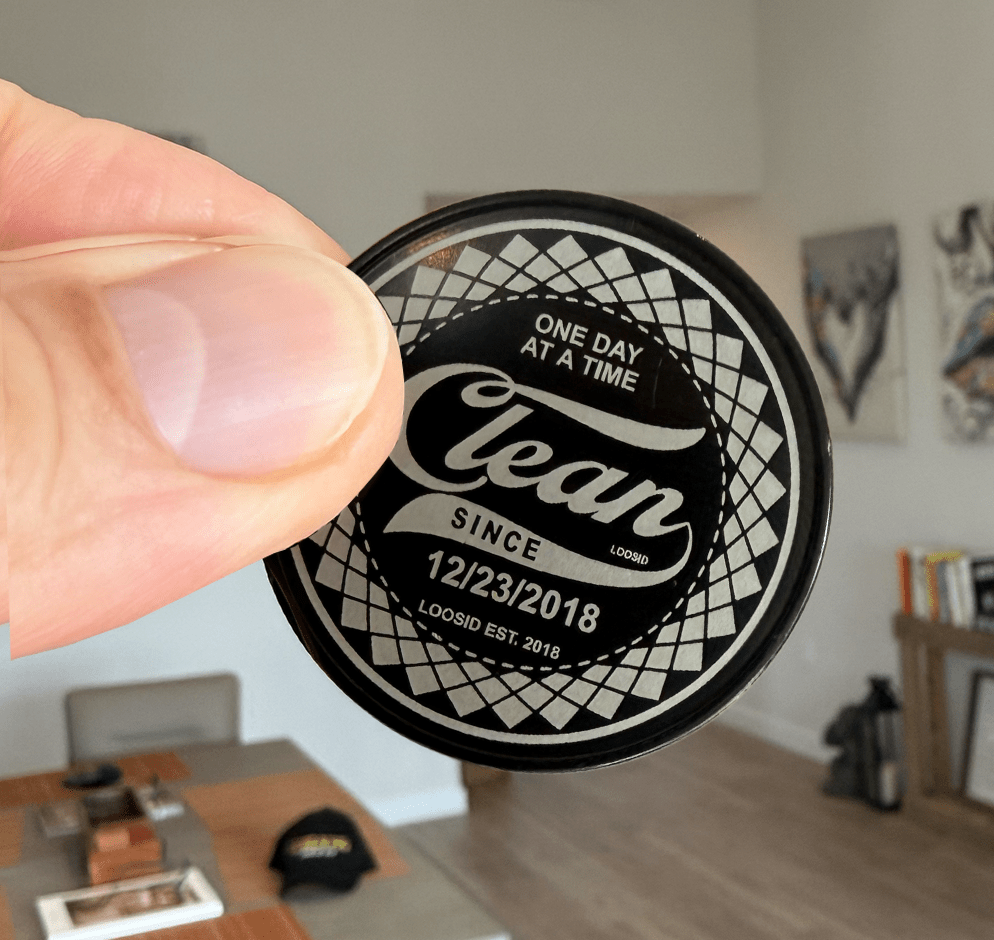 Loosid Clean Date Engraved Black Sobriety Coin featuring the design