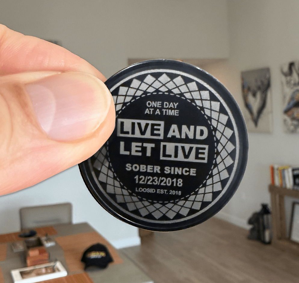 Loosid Live and Let live Sober Year Black Sobriety Coin featuring the design