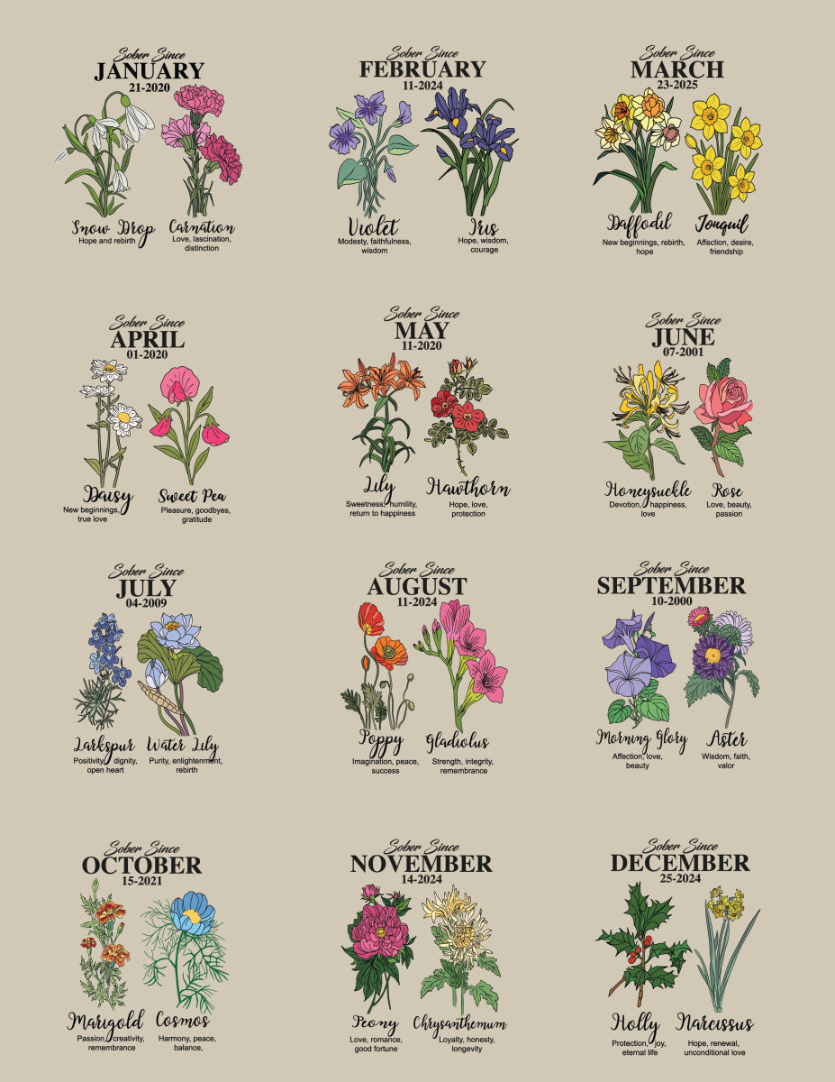 Sober Since Monthly Flower Personalized with Your Sober Date Sober Tank Top packaging detail (view 18)