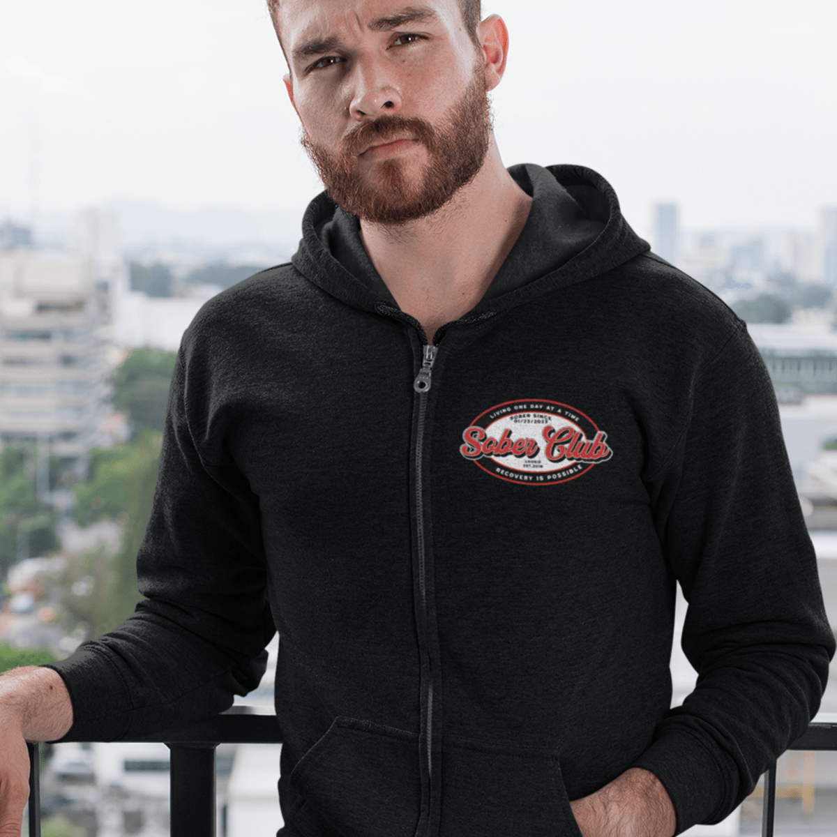 Sober Club Badge Left Chest Print Unisex Zip Recovery Hoodie flat lay styled image (view 3)