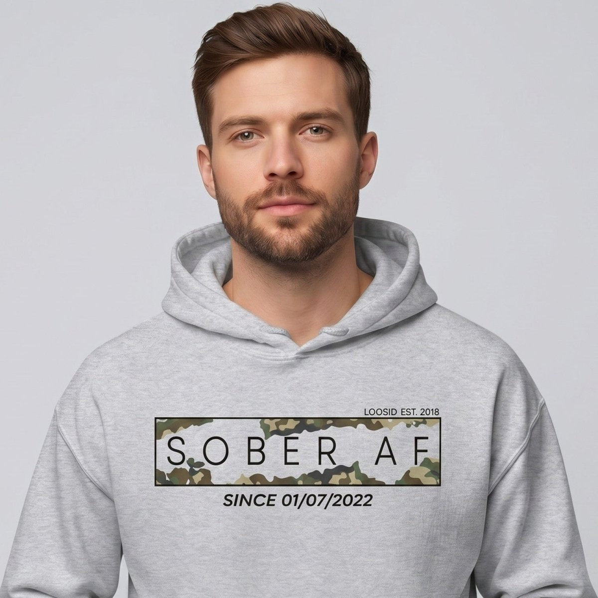 Sober AF Camo Recovery Hoodie fit detail (view 9)