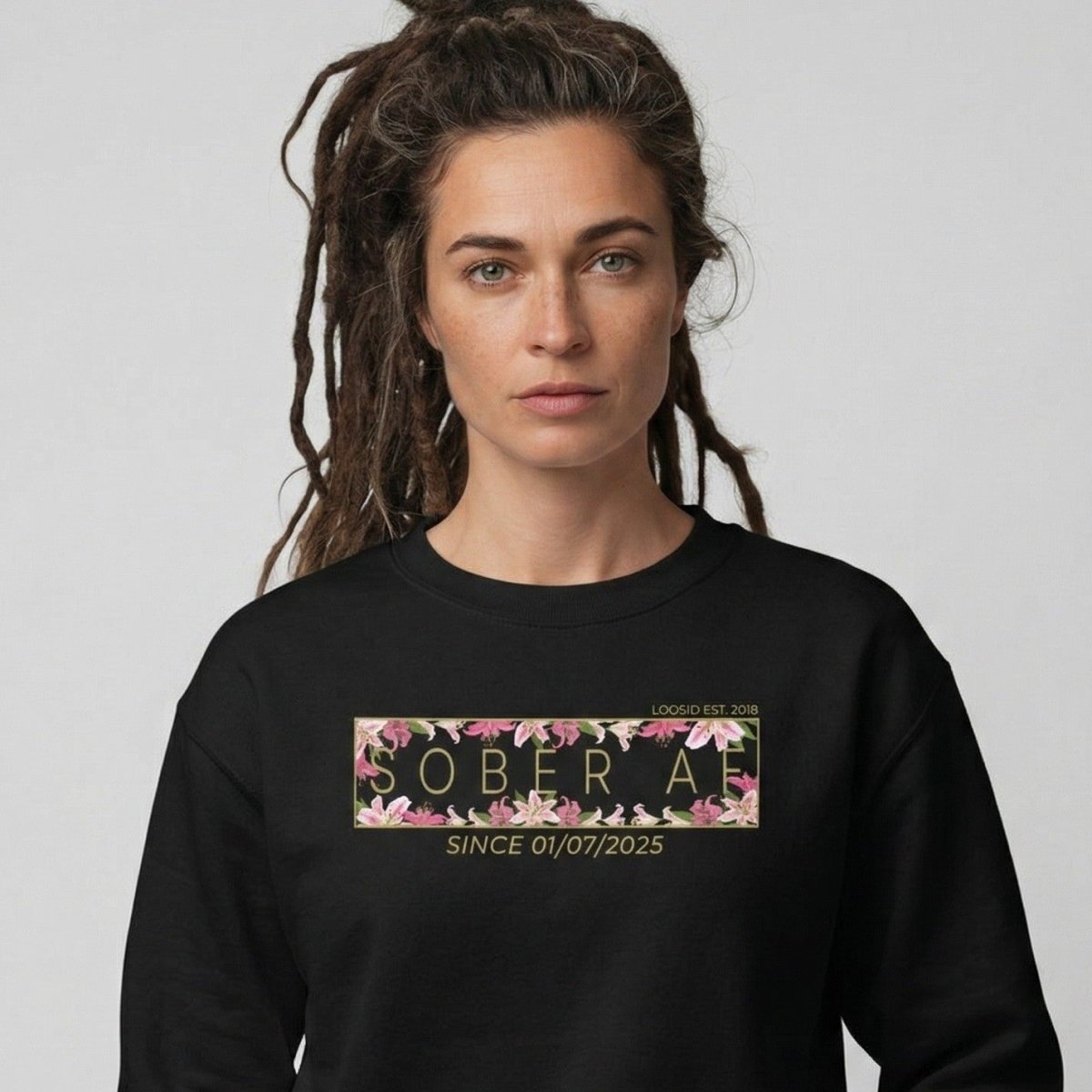 Sober AF Sweatshirt w Custom Sobriety Date Recovery Hoodie close-up view (view 2)