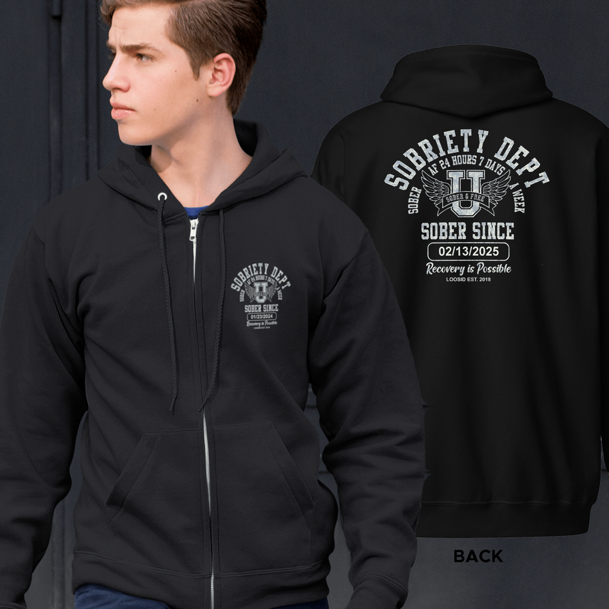 Sobriety Dept Zip Recovery Hoodie close-up view (view 2)