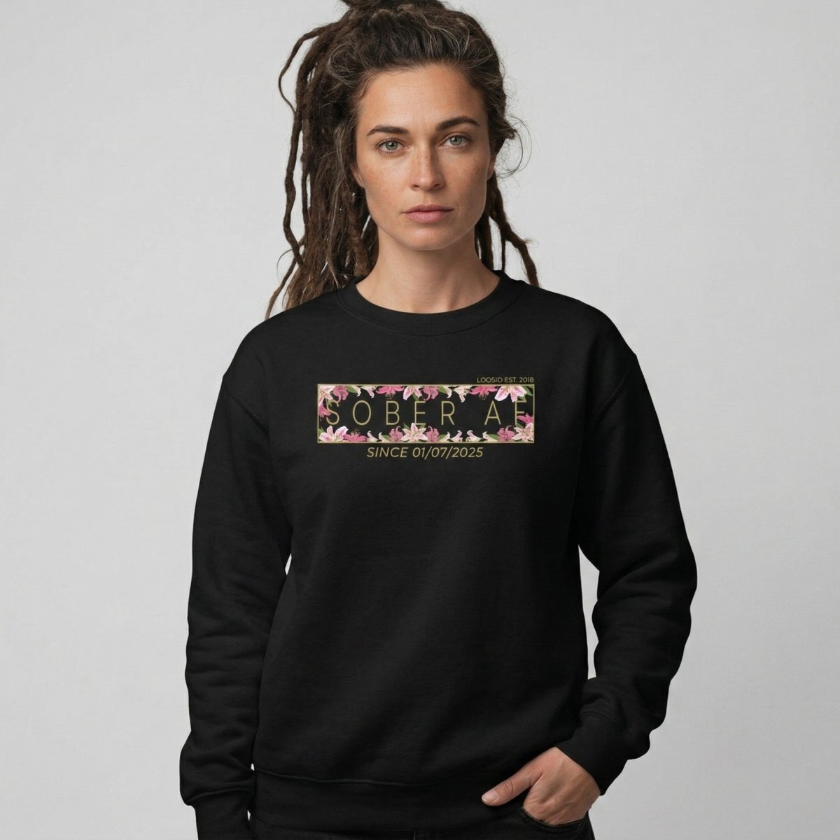 Sober AF Sweatshirt w Custom Sobriety Date Recovery Hoodie graphic detail (view 4)
