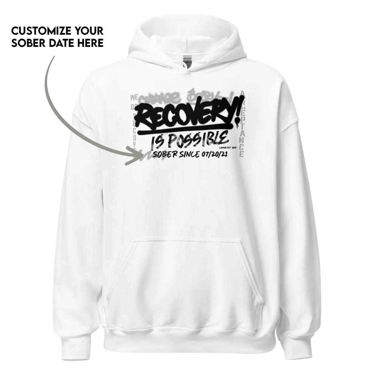 Recovery Is Possible Hoodie with Date Recovery Hoodie graphic detail (view 4)