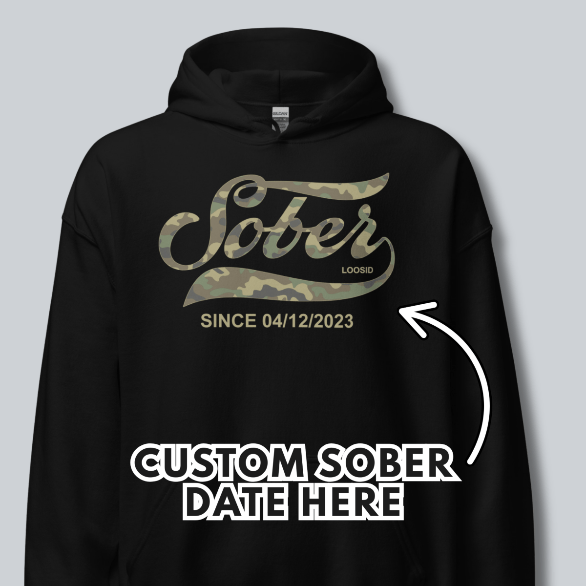 Sober Since Camo Recovery Hoodie flat lay styled image (view 3)