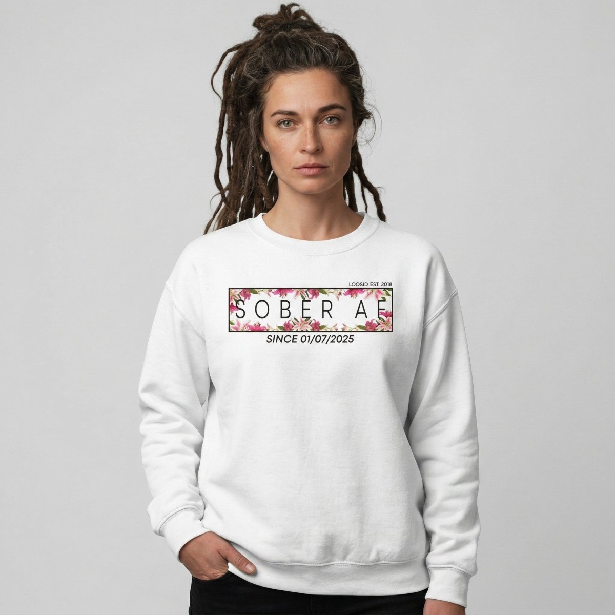 Sober AF Sweatshirt w Custom Sobriety Date Recovery Hoodie lifestyle view (view 25)