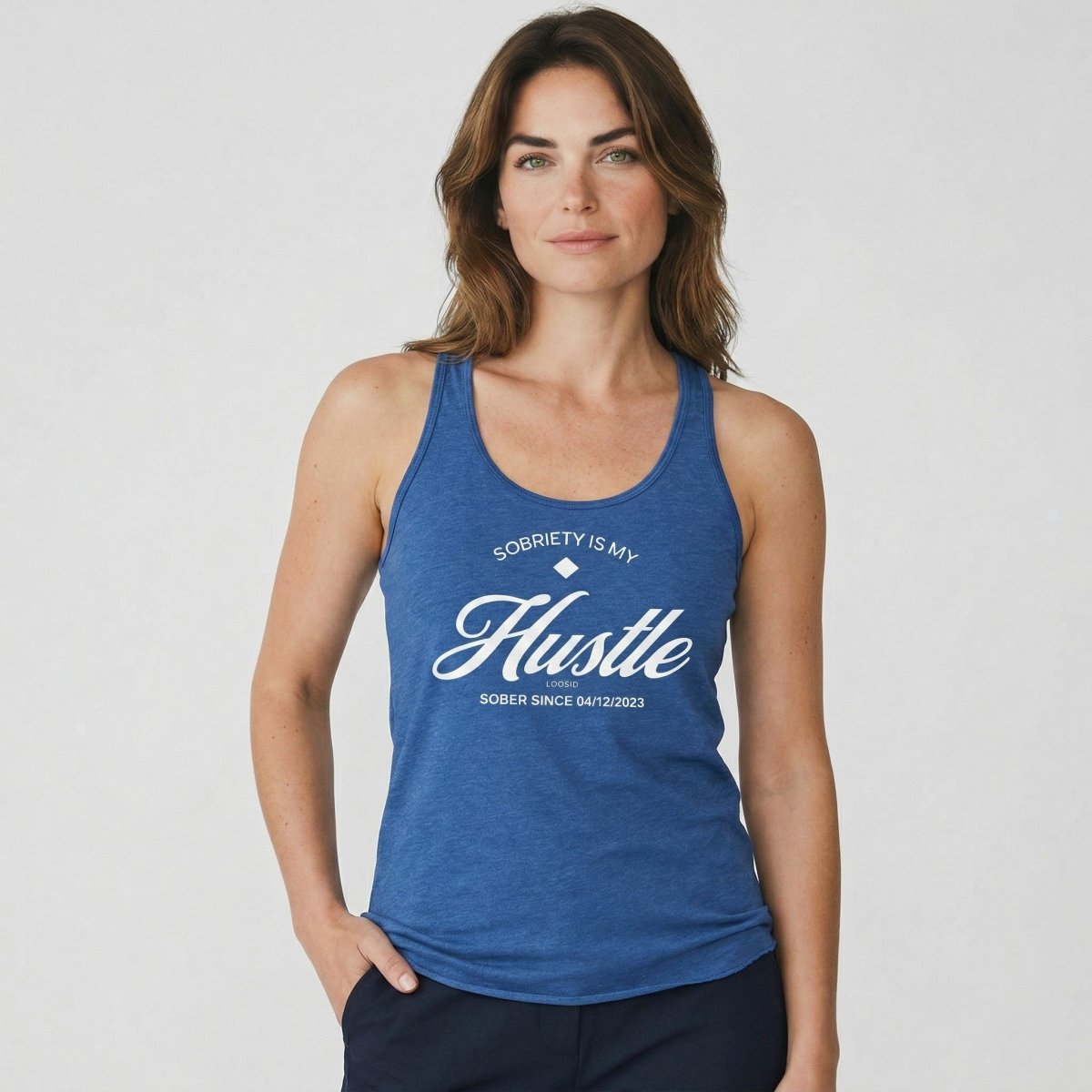 Hustle Women's w Personalize Sober Date Sober Tank Top lifestyle view (view 15)