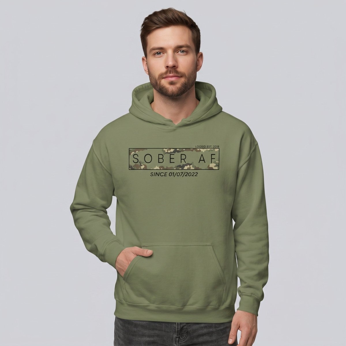 Sober AF Camo Recovery Hoodie flat lay styled image (view 13)