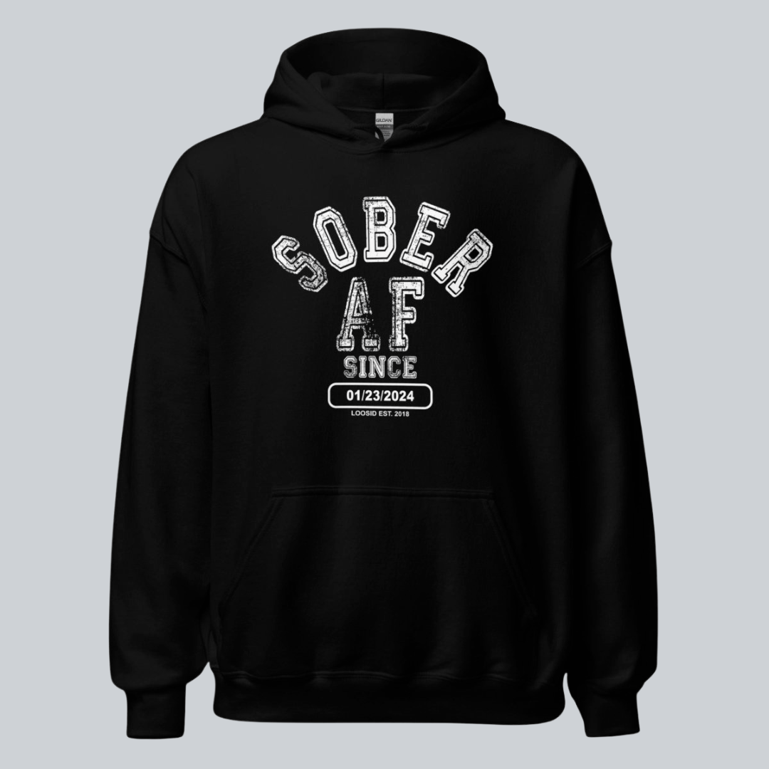 Sober AF Since Recovery Hoodie flat lay styled image (view 3)