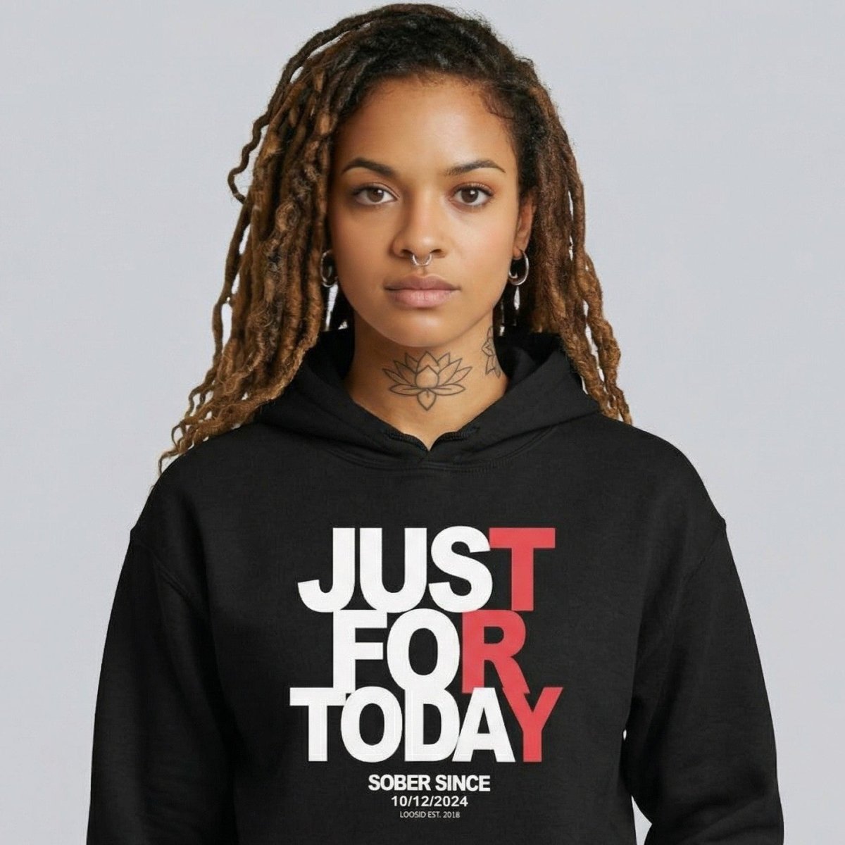 Just For Today Women's Custom Sobriety Date Recovery Hoodie close-up view (view 2)