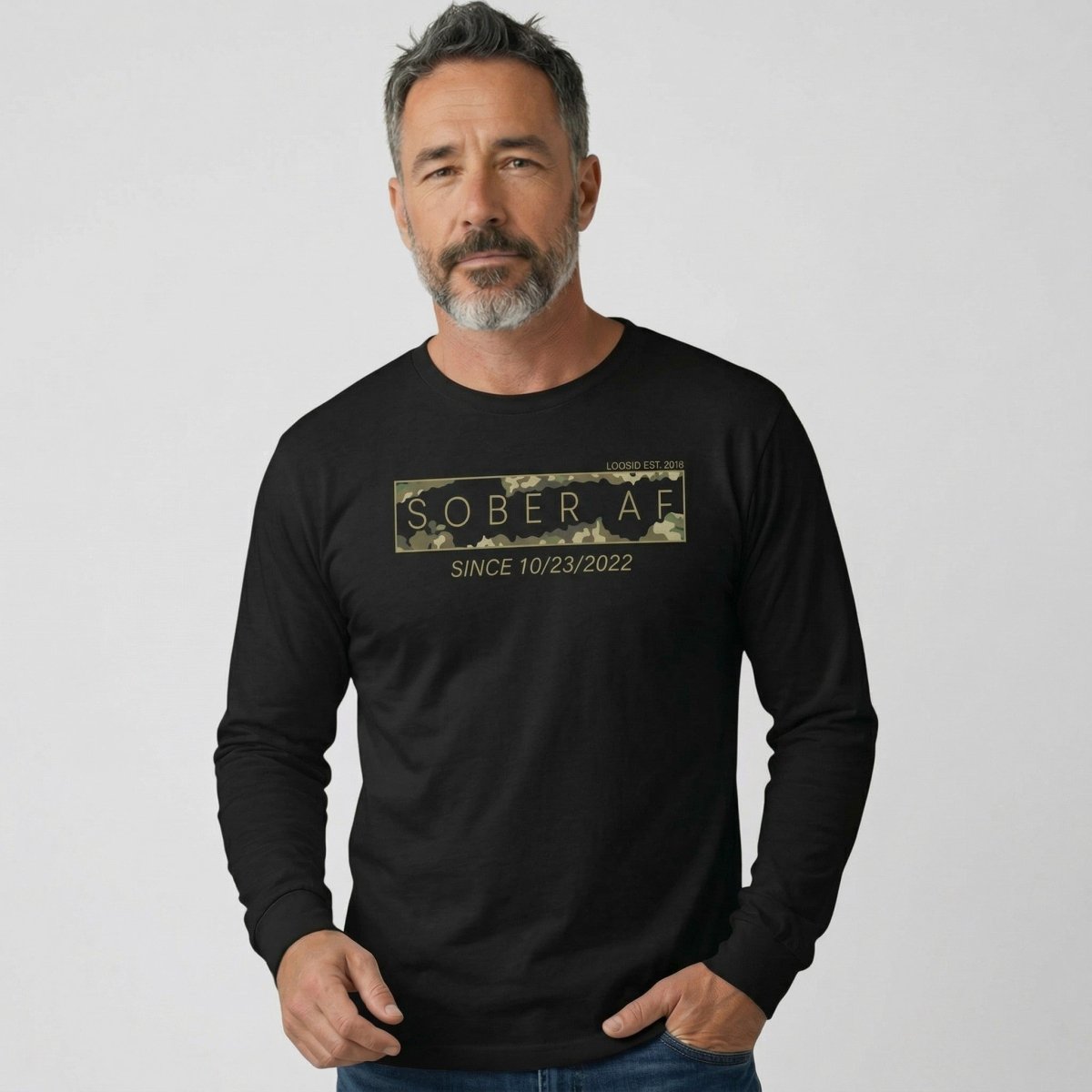 Sober AF Camo Long Sleeve Sober T Shirt lifestyle view (view 5)
