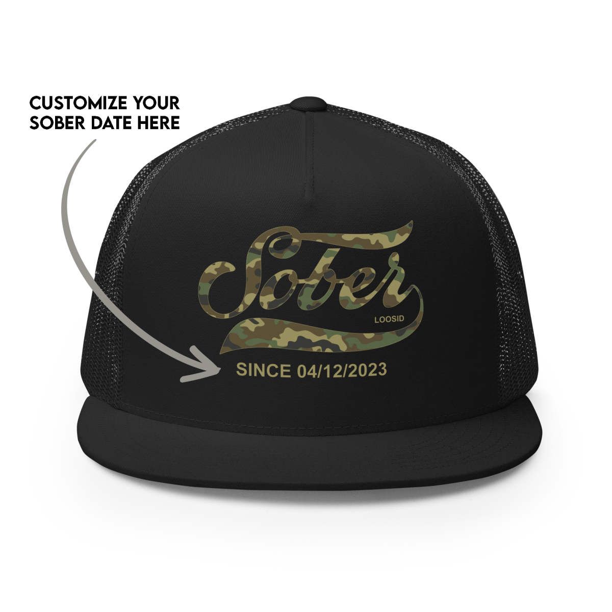 Sober Since Camo w Personalized Date Sober Hat flat lay styled image (view 3)