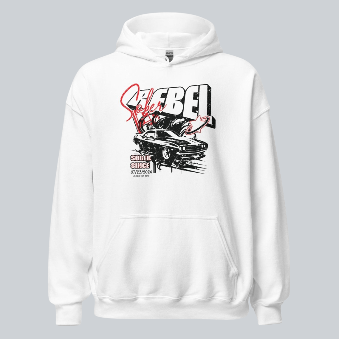 Sober Rebel Custom Sobriety Date Recovery Hoodie flat lay styled image (view 3)