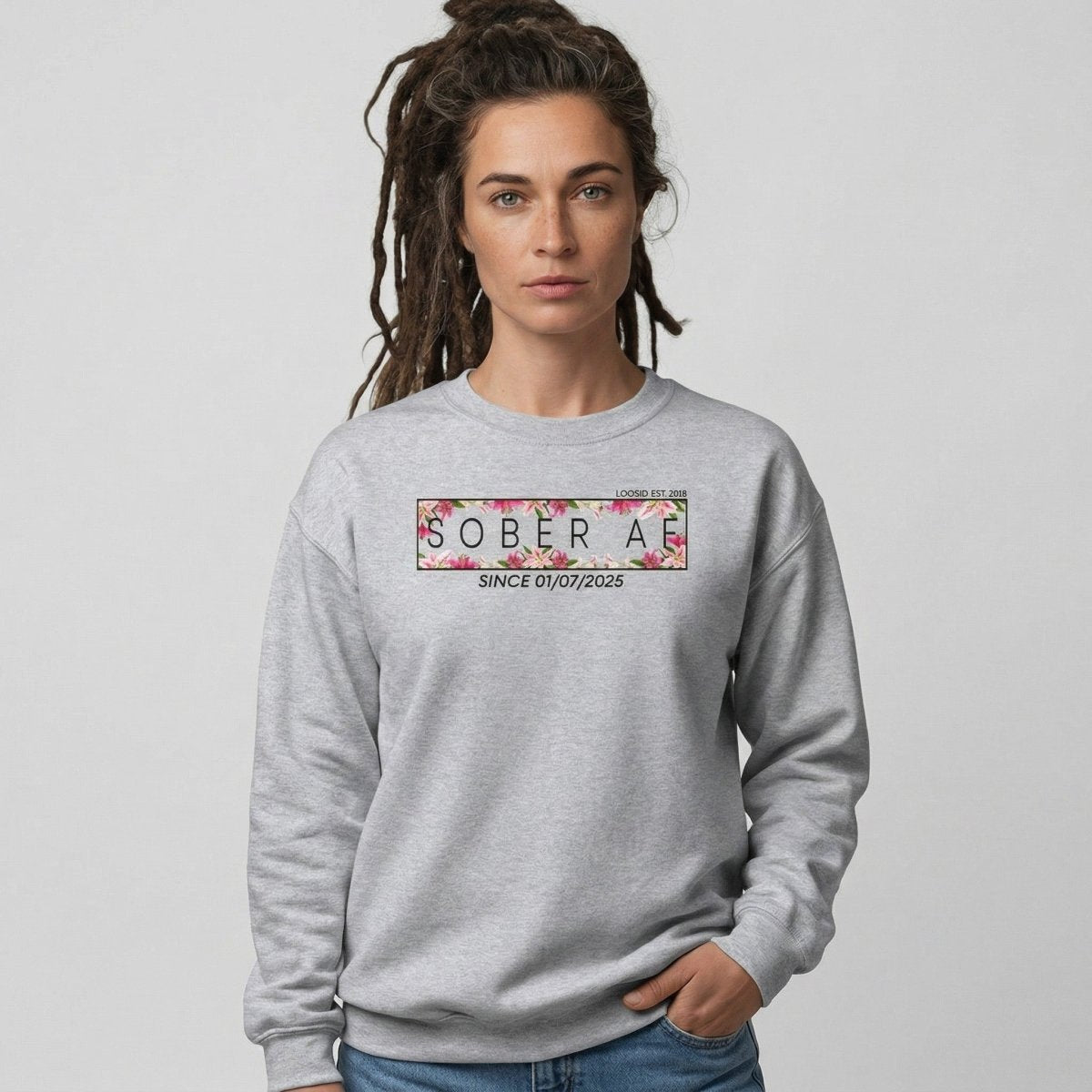 Sober AF Sweatshirt w Custom Sobriety Date Recovery Hoodie side view (view 16)