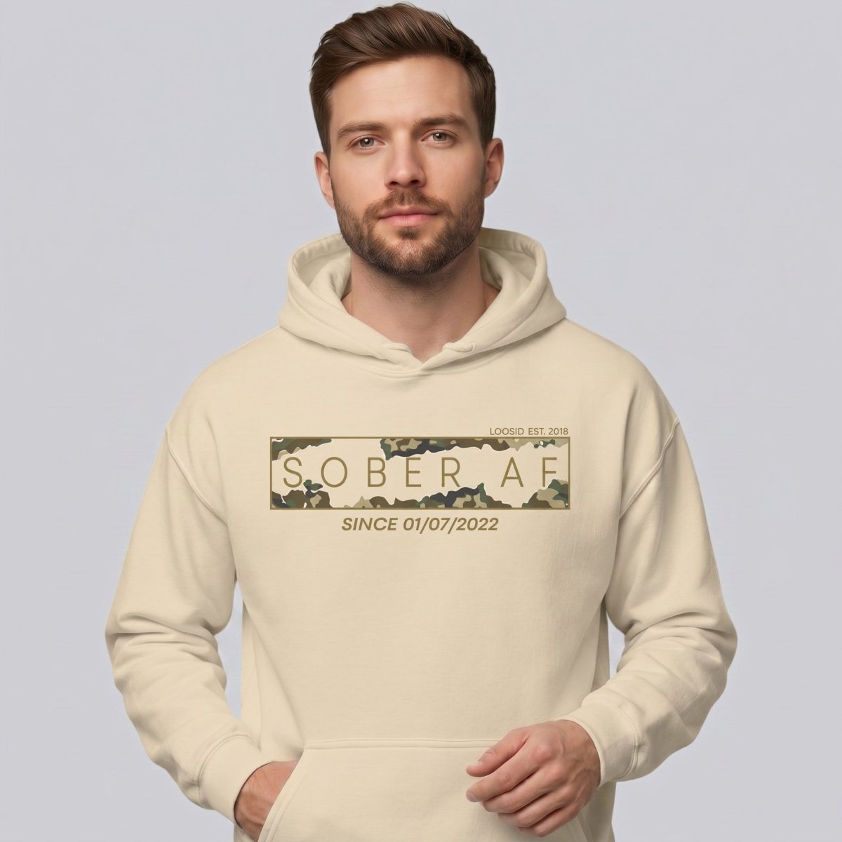 Sober AF Camo Recovery Hoodie lifestyle view (view 25)