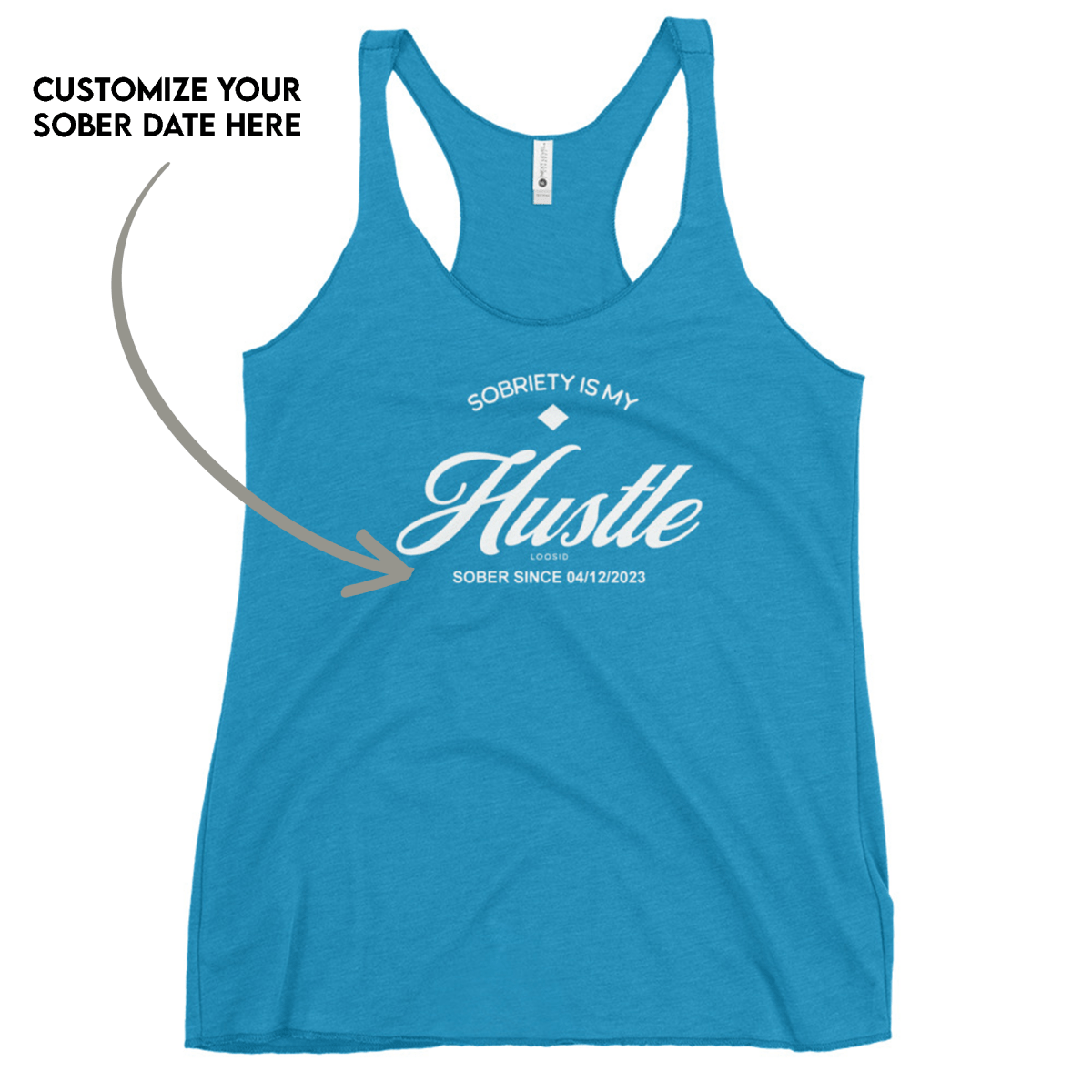 Hustle Women's w Personalize Sober Date Sober Tank Top fit detail (view 19)
