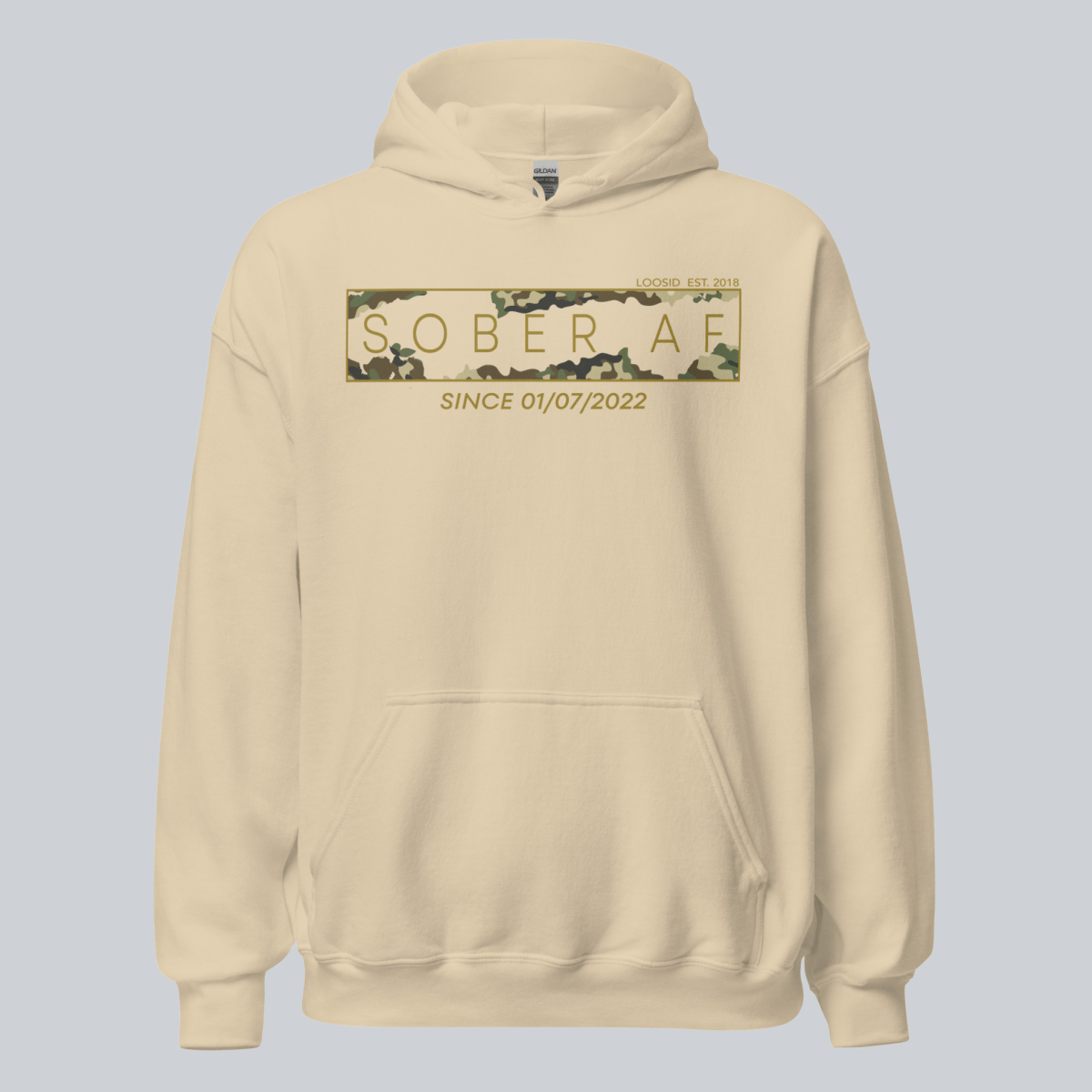 Sober AF Camo Recovery Hoodie close-up view (view 22)