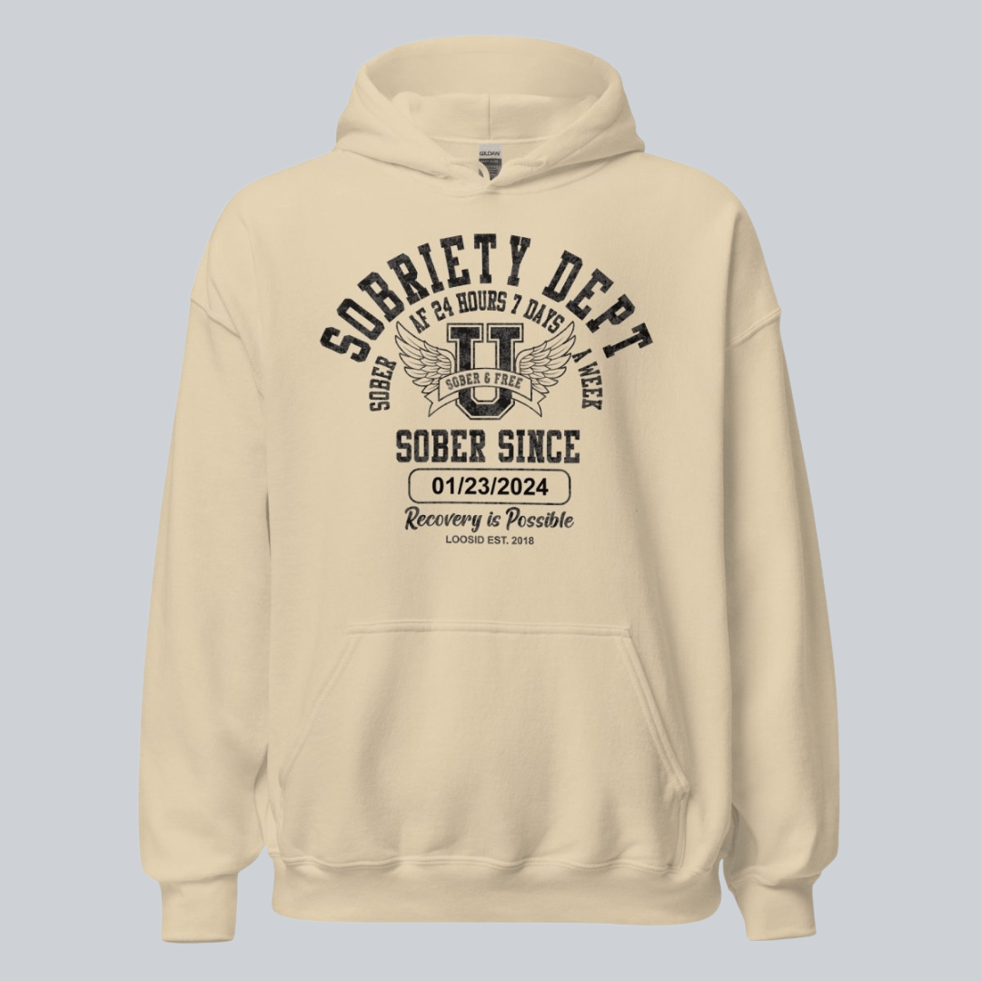 Sobriety Dept Recovery Hoodie flat lay styled image (view 3)