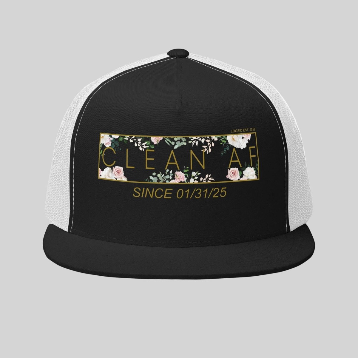Clean AF Floral Trucker w Custom Date Sober Hat close-up view (view 2)