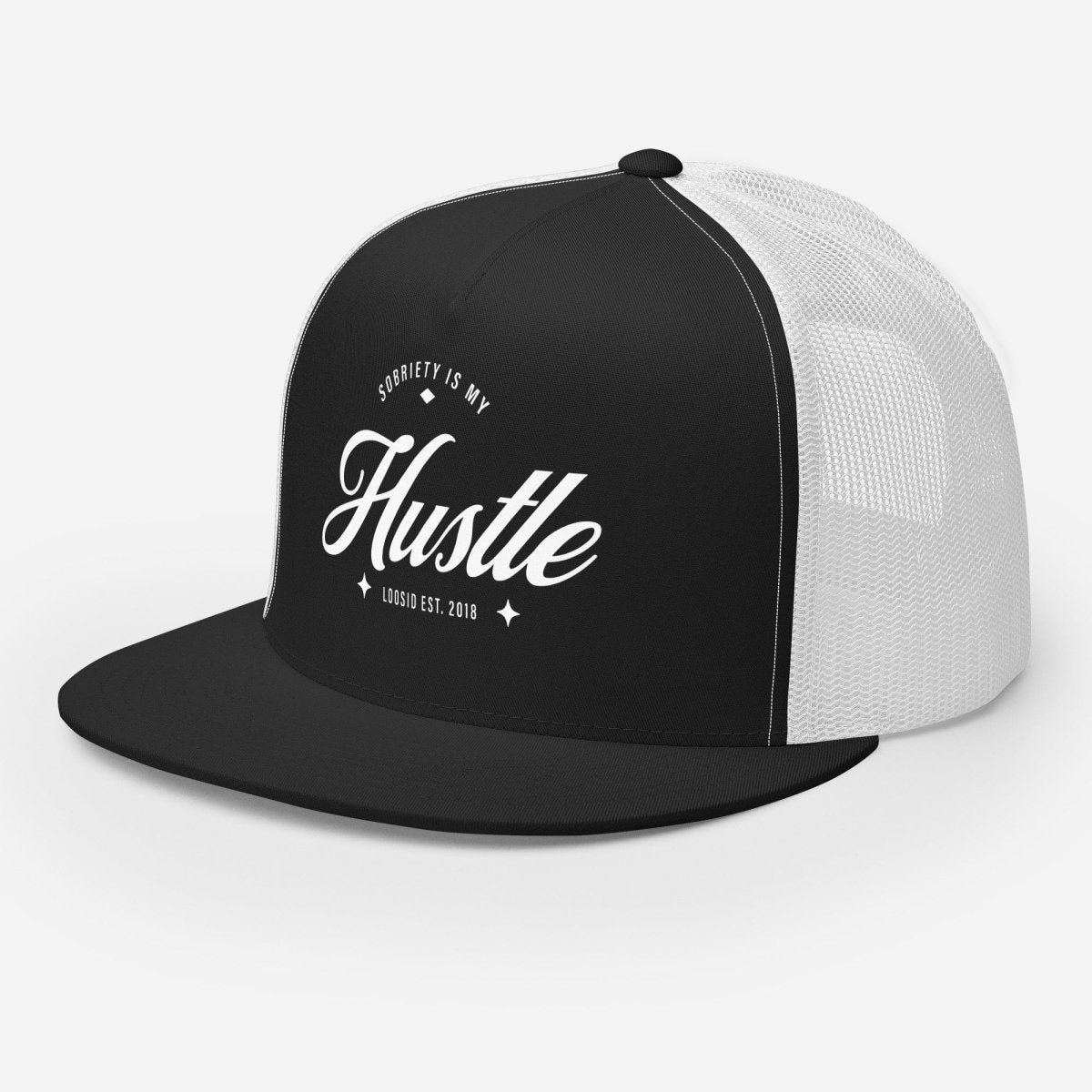 Sobriety is My Hustle Trucker Sober Sober Hat close-up view (view 2)