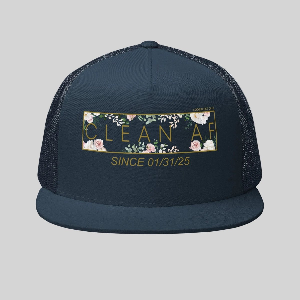 Clean AF Floral Trucker w Custom Date Sober Hat side view (view 6)