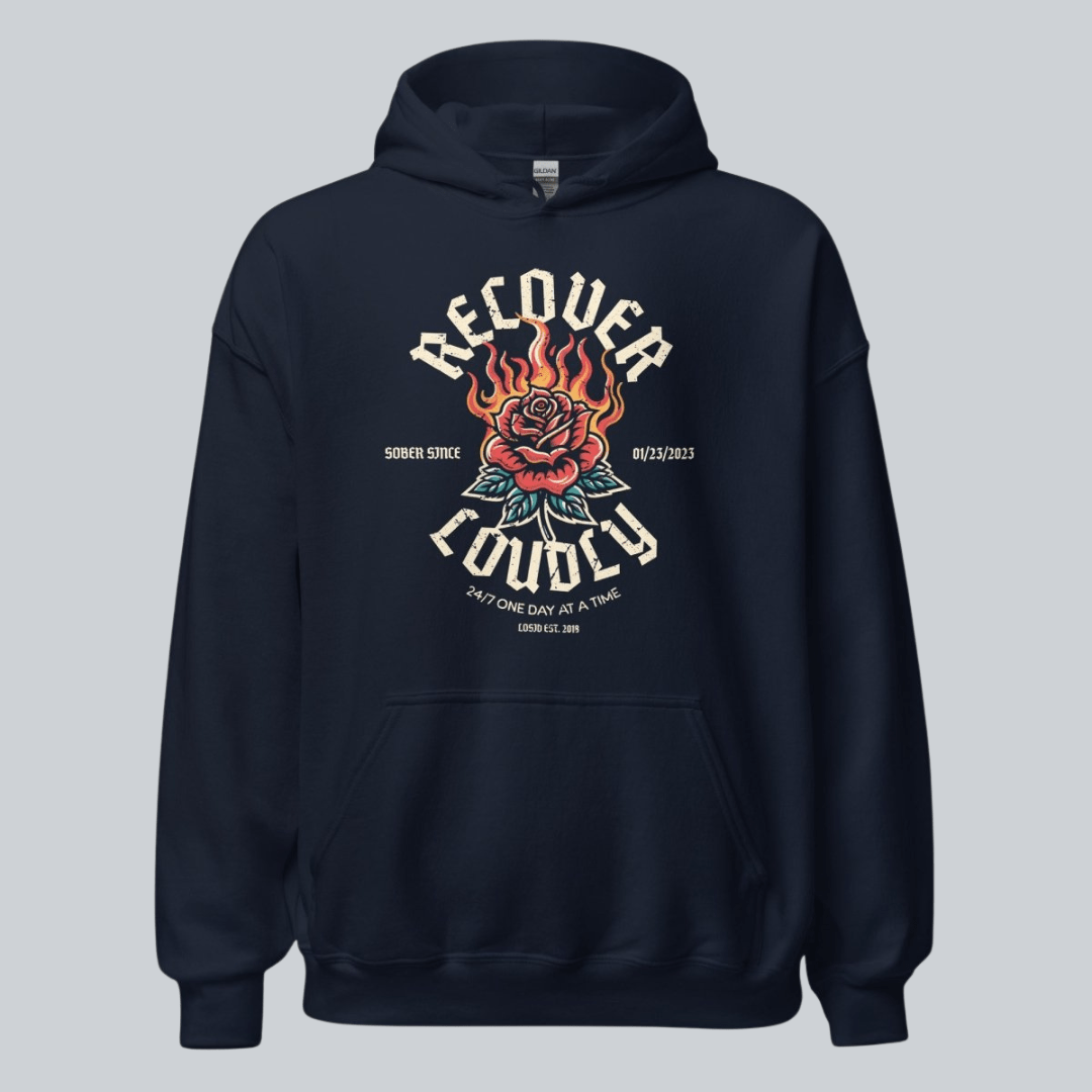 Recover Loudly Women's Custom Sobriety Date Recovery Hoodie back view (view 7)