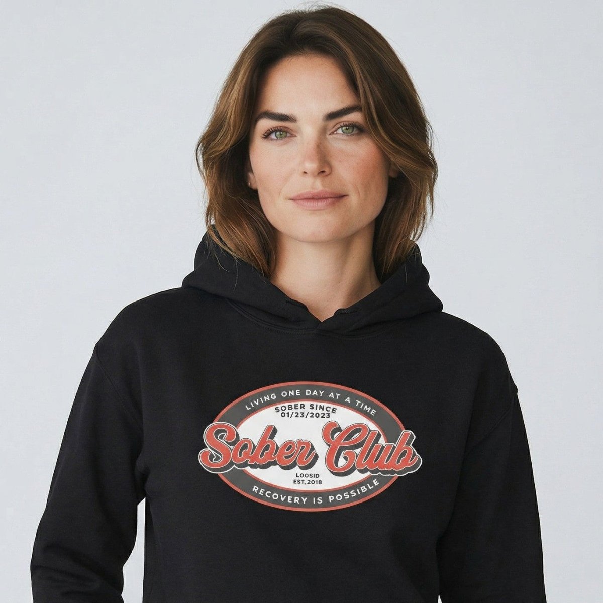 Sober Club Badge Recovery Hoodie close-up view (view 2)