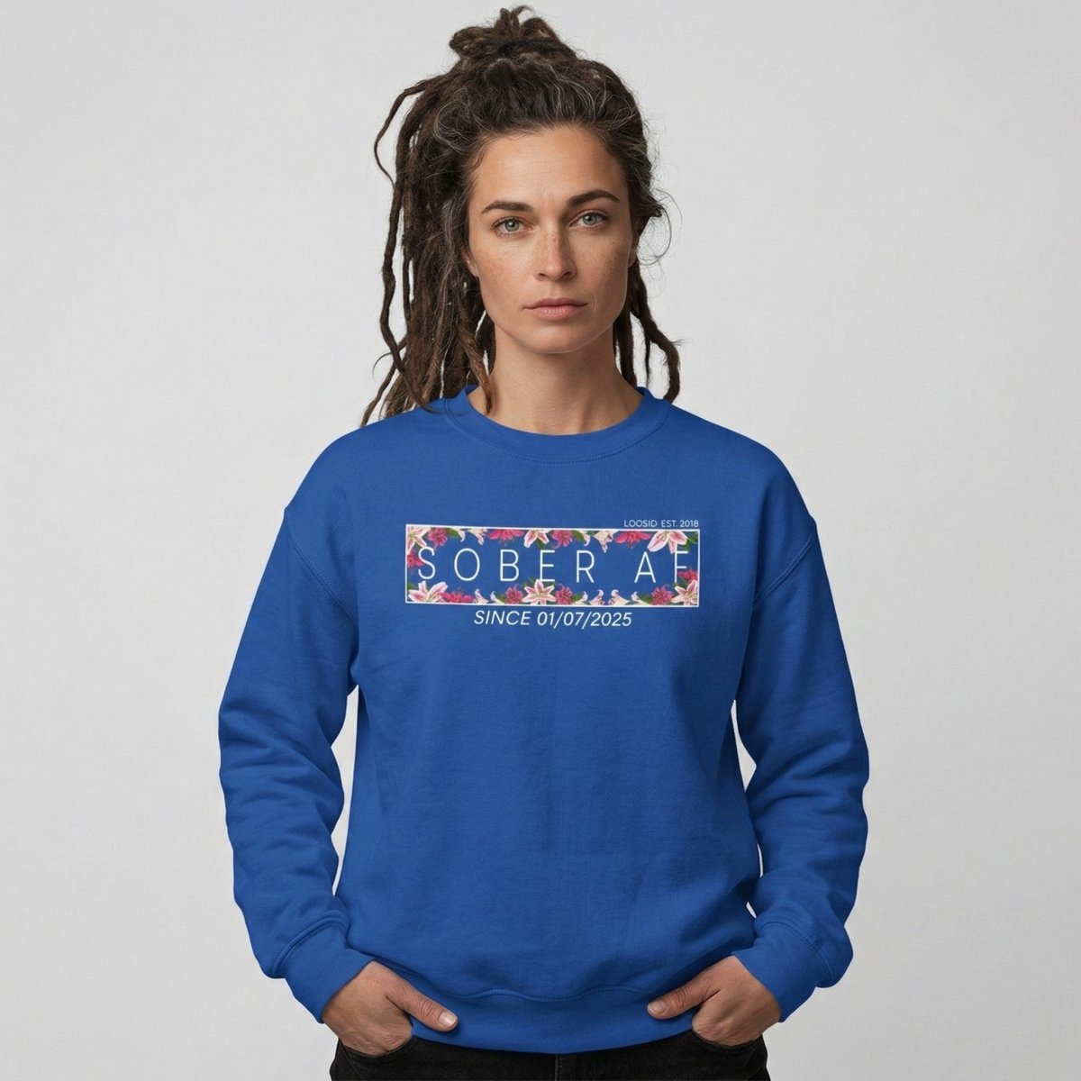Sober AF Sweatshirt w Custom Sobriety Date Recovery Hoodie flat lay styled image (view 13)