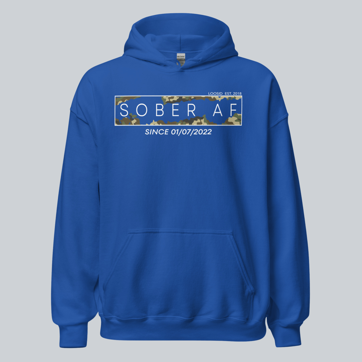Sober AF Camo Recovery Hoodie flat lay styled image (view 33)