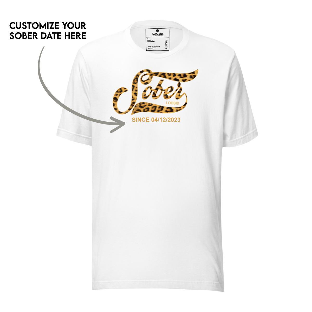 Leopard Sober Since Sober T Shirt flat lay styled image (view 3)