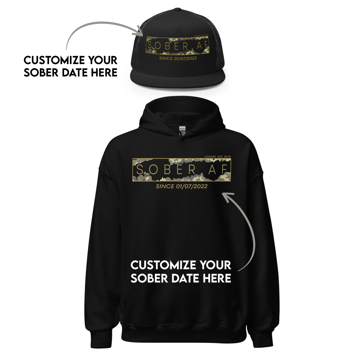 Sober AF Camo Recovery Hoodie close-up view (view 2)