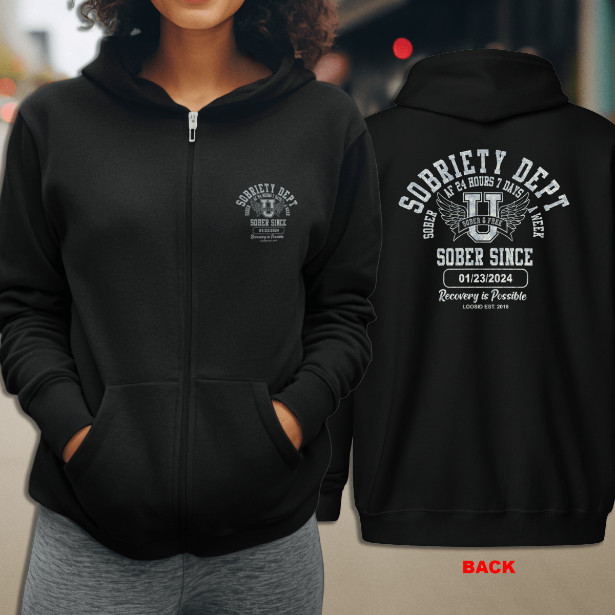 Sobriety Dept Zip Recovery Hoodie lifestyle view (view 15)