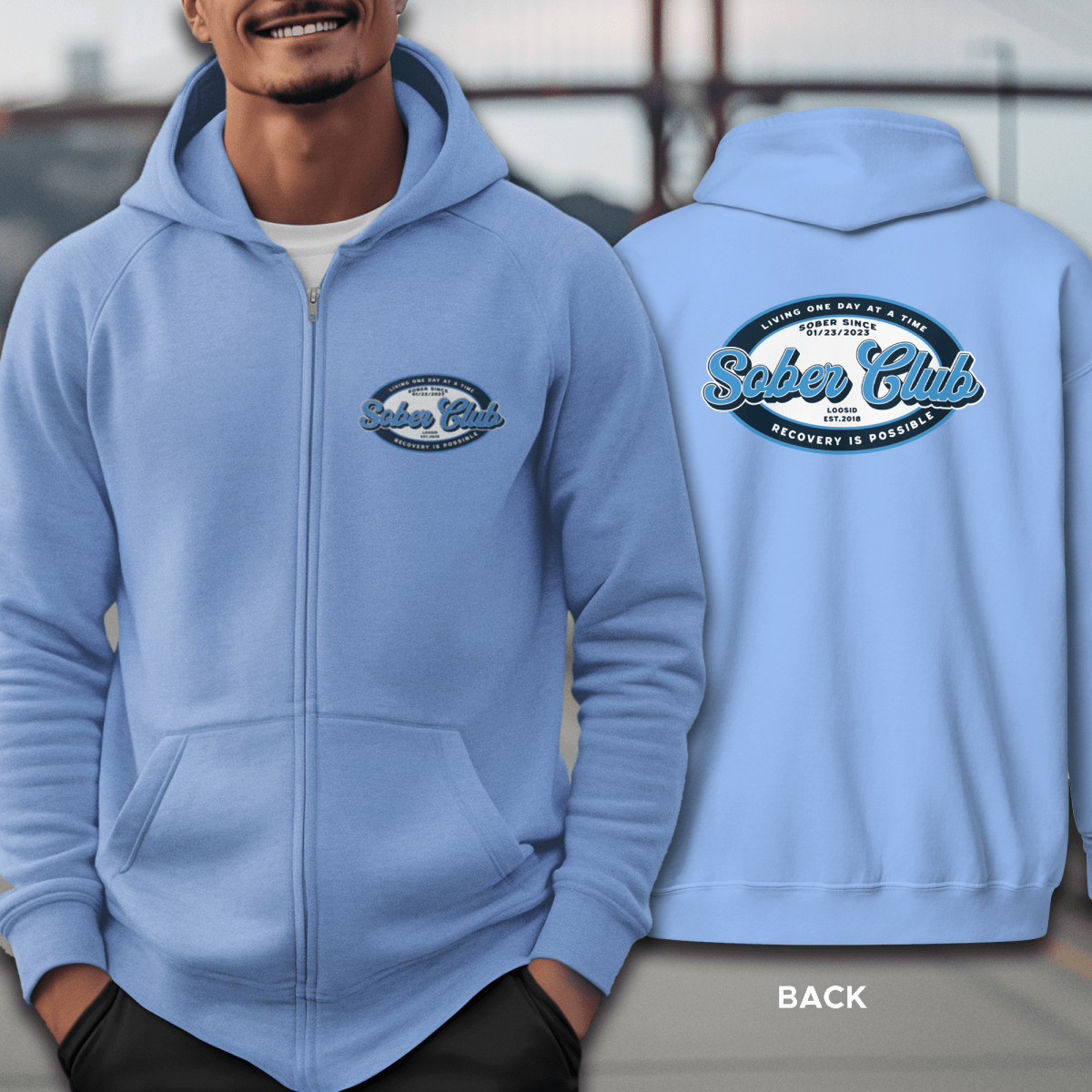Sober Club Badge Unisex Zip Recovery Hoodie flat lay styled image (view 23)