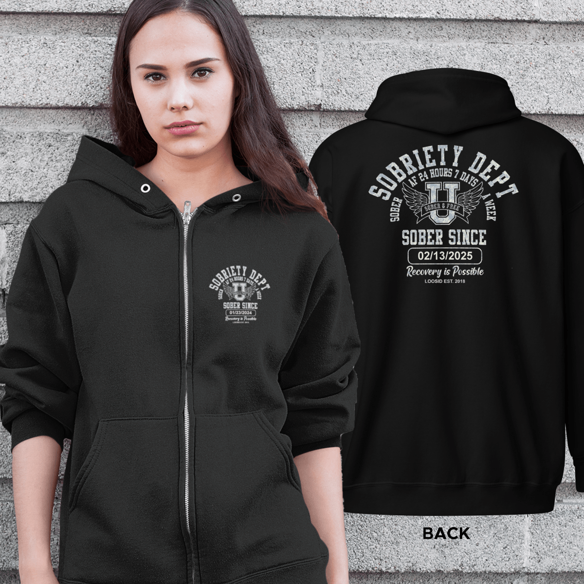 Sobriety Dept Zip Recovery Hoodie close-up view (view 12)