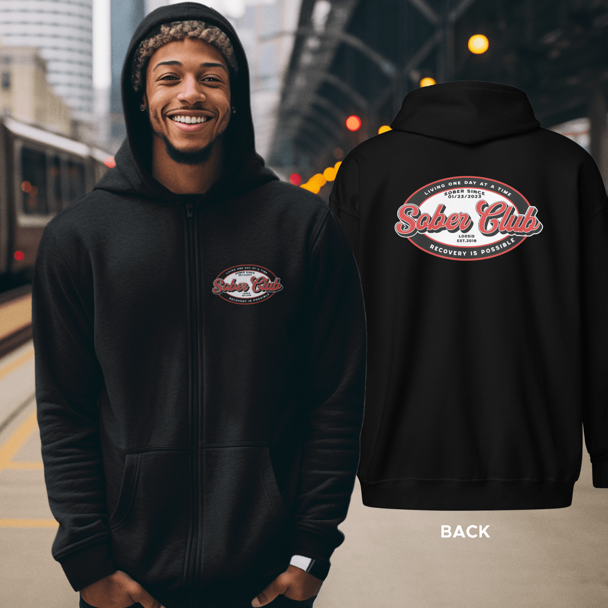 Sober Club Badge Unisex Zip Recovery Hoodie close-up view (view 2)