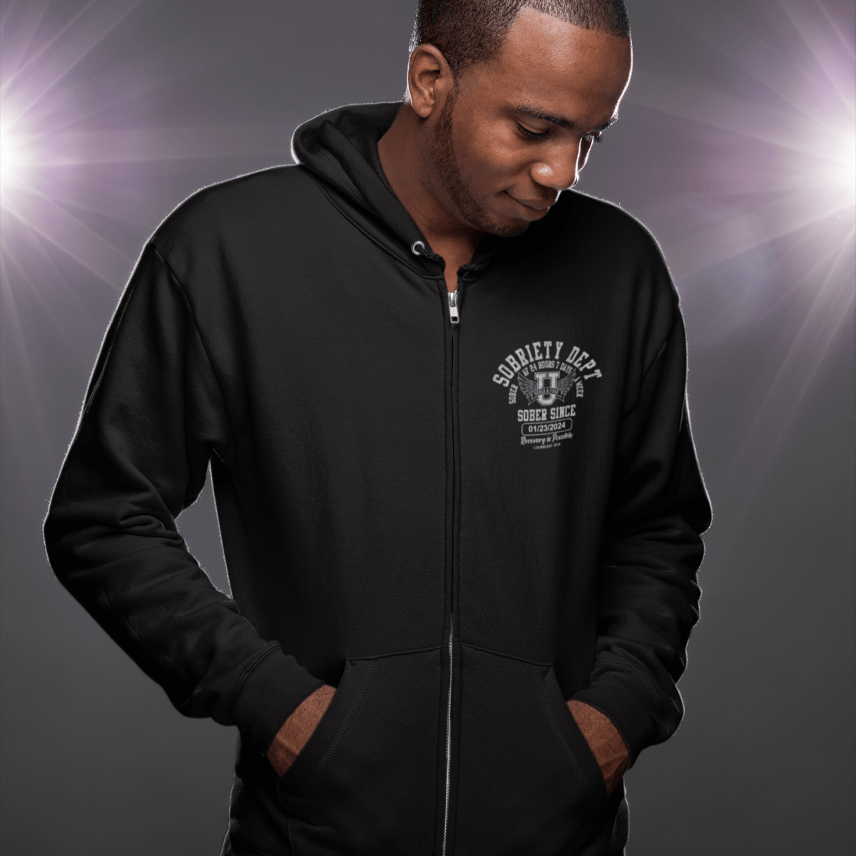 Sobriety Dept 24 7 Zip Recovery Hoodie fit detail (view 9)