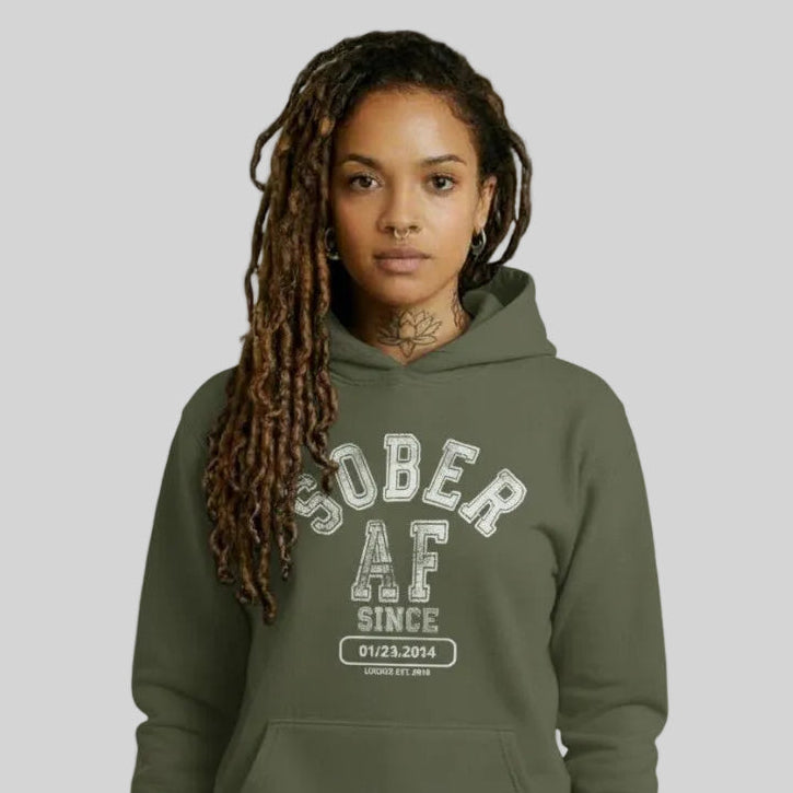 Sober AF Since Recovery Hoodie fit detail (view 19)