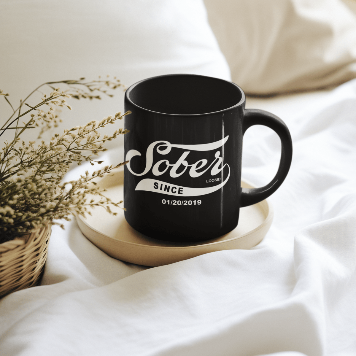 Sober Since Date Sober Coffee Mug flat lay styled image (view 3)