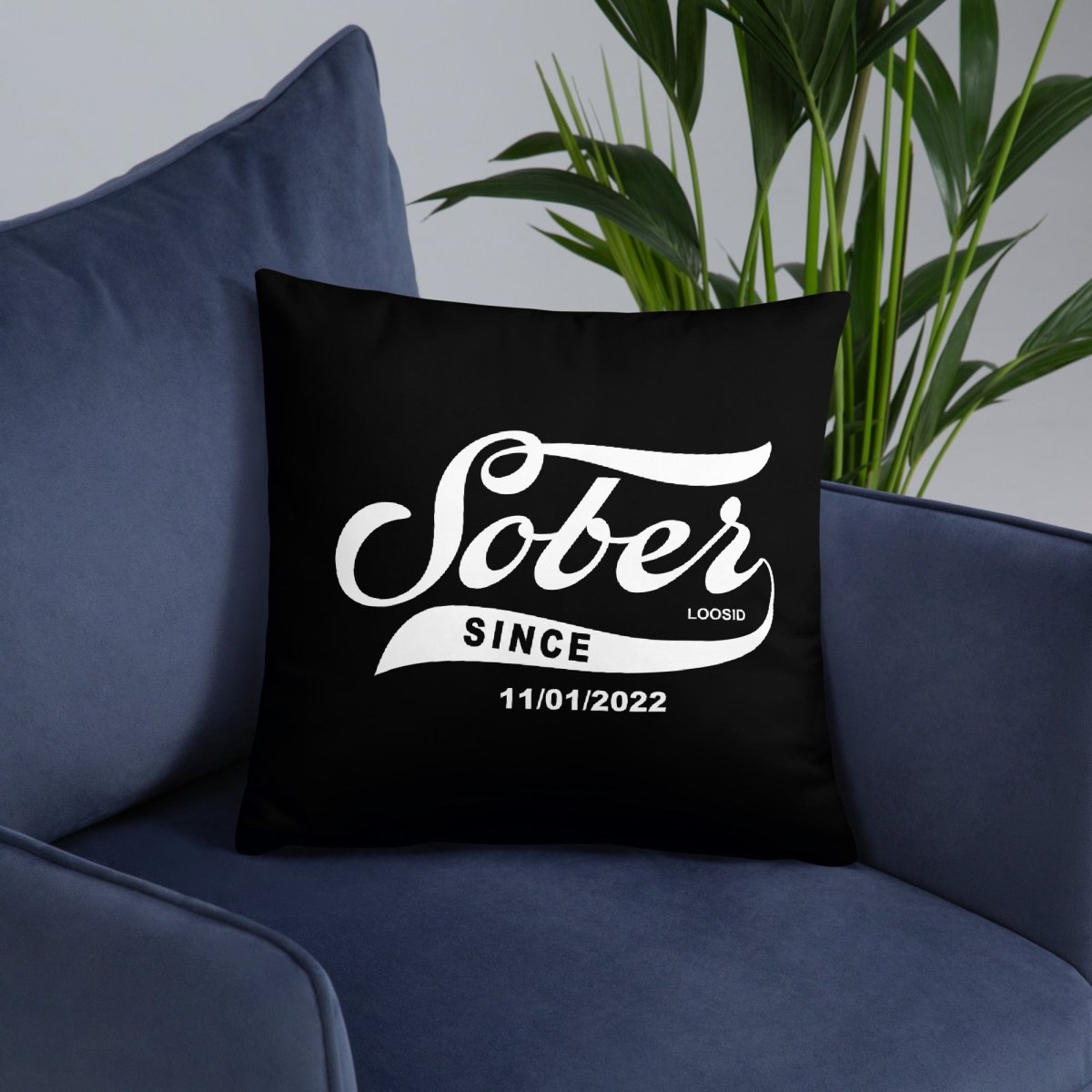 Loosid Sober Since Sober Pillow featuring the design