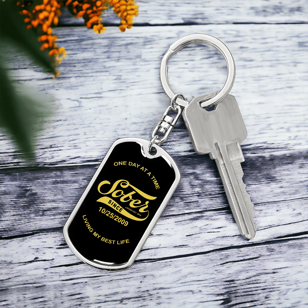 Sober Since Keychain with Date Engraving Sobriety Gift close-up view (view 2)