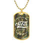 Camo Sobriety Gift dog tag jewelry on black display stand