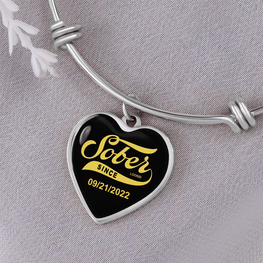 Sobriety Gift | Sober Since Heart Bangle w/ Personalized Sober Date