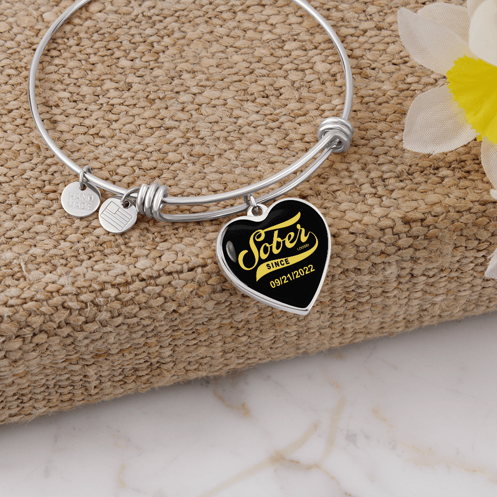 Sobriety Gift | Sober Since Heart Bangle w/ Personalized Sober Date