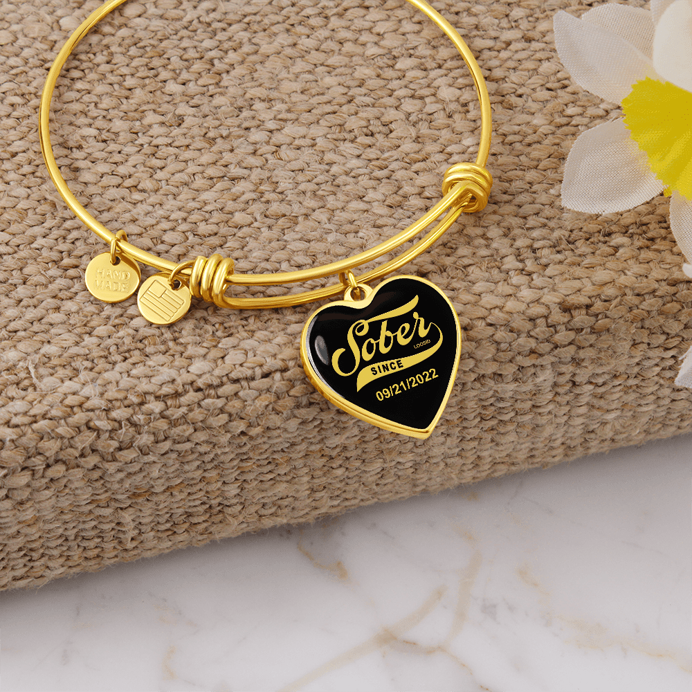 Sobriety Gift | Sober Since Heart Bangle w/ Personalized Sober Date