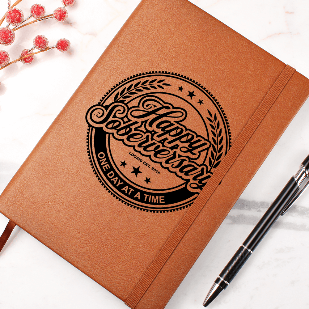Happy Soberversary Vegan Leather Sober Journal flat lay styled image (view 3)