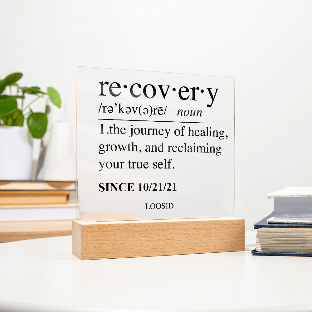 Recovery Acrylic Plaqye w Personalize Sober Date Sobriety Gift flat lay styled image (view 13)