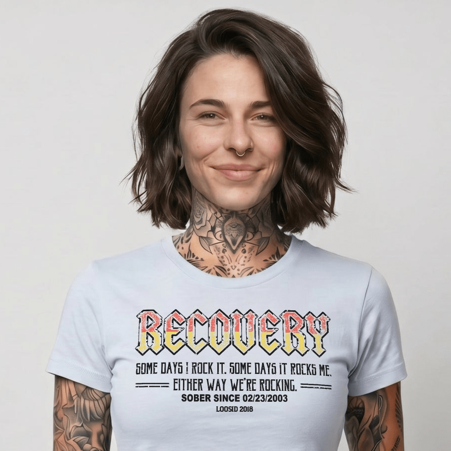 Recovery Rock Sober T Shirt flat lay styled image (view 13)